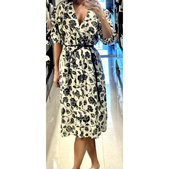 NEW Zimmermann S Lovestruck Floral 100% LINEN Midi Dress Puff Sleeve Black Tan 0 - Picture 3 of 13